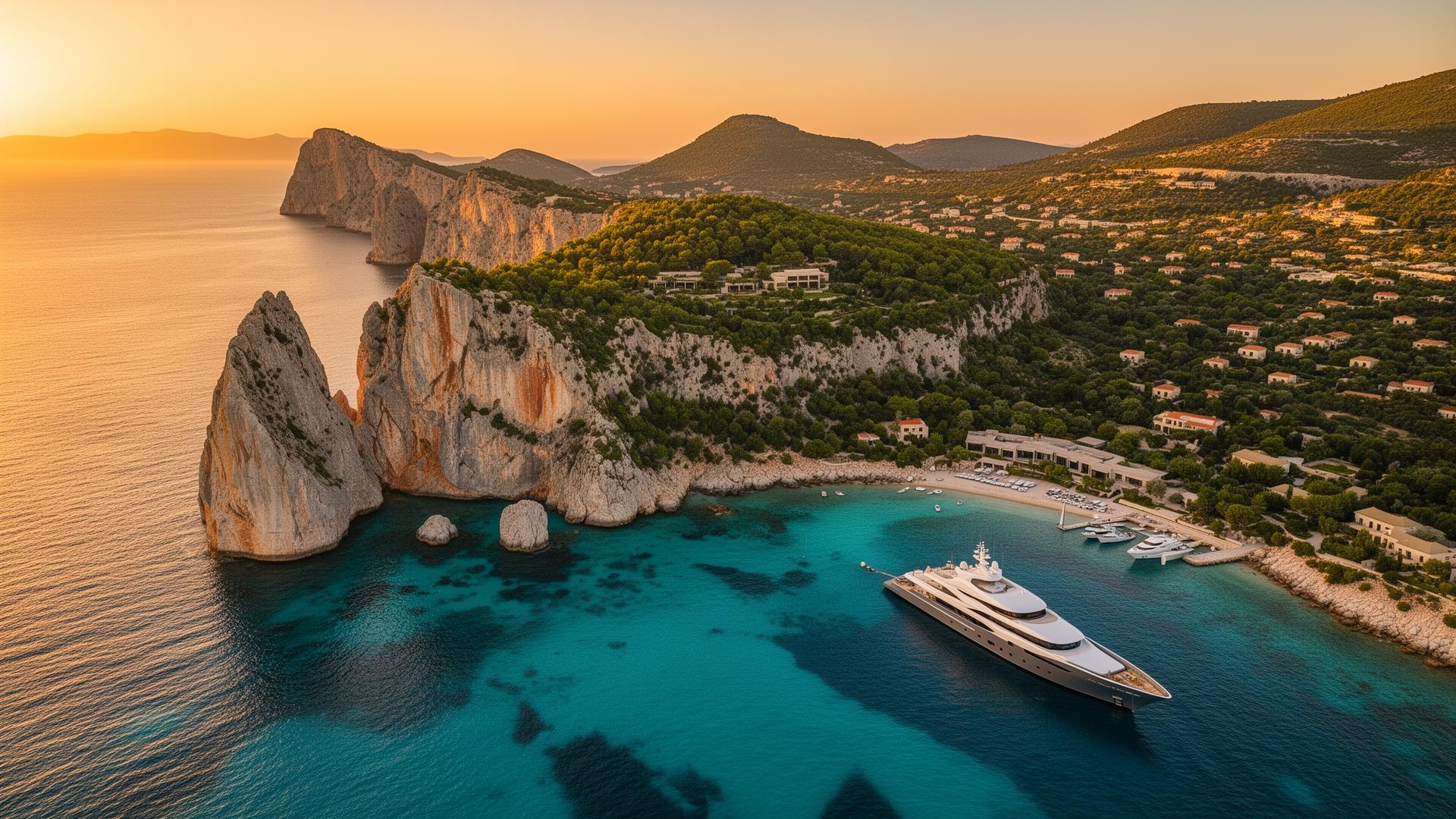 Aerial view of Sazan Island at sunset